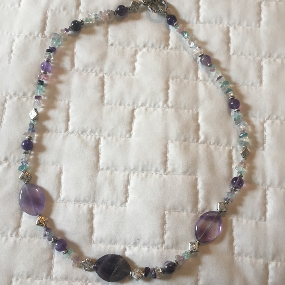 Pretty purple beaded necklace with silver chain